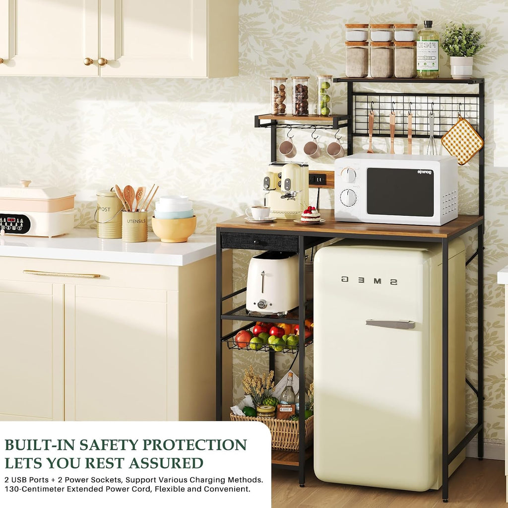 Kitchen Storage Bakers Rack with Power Outlet – Coffee Bar Station with S-Shaped Hooks & Drawer, Adjustable Feet Microwave Stand for Microwave, Mini Fridge, Coffee Maker, Brown
