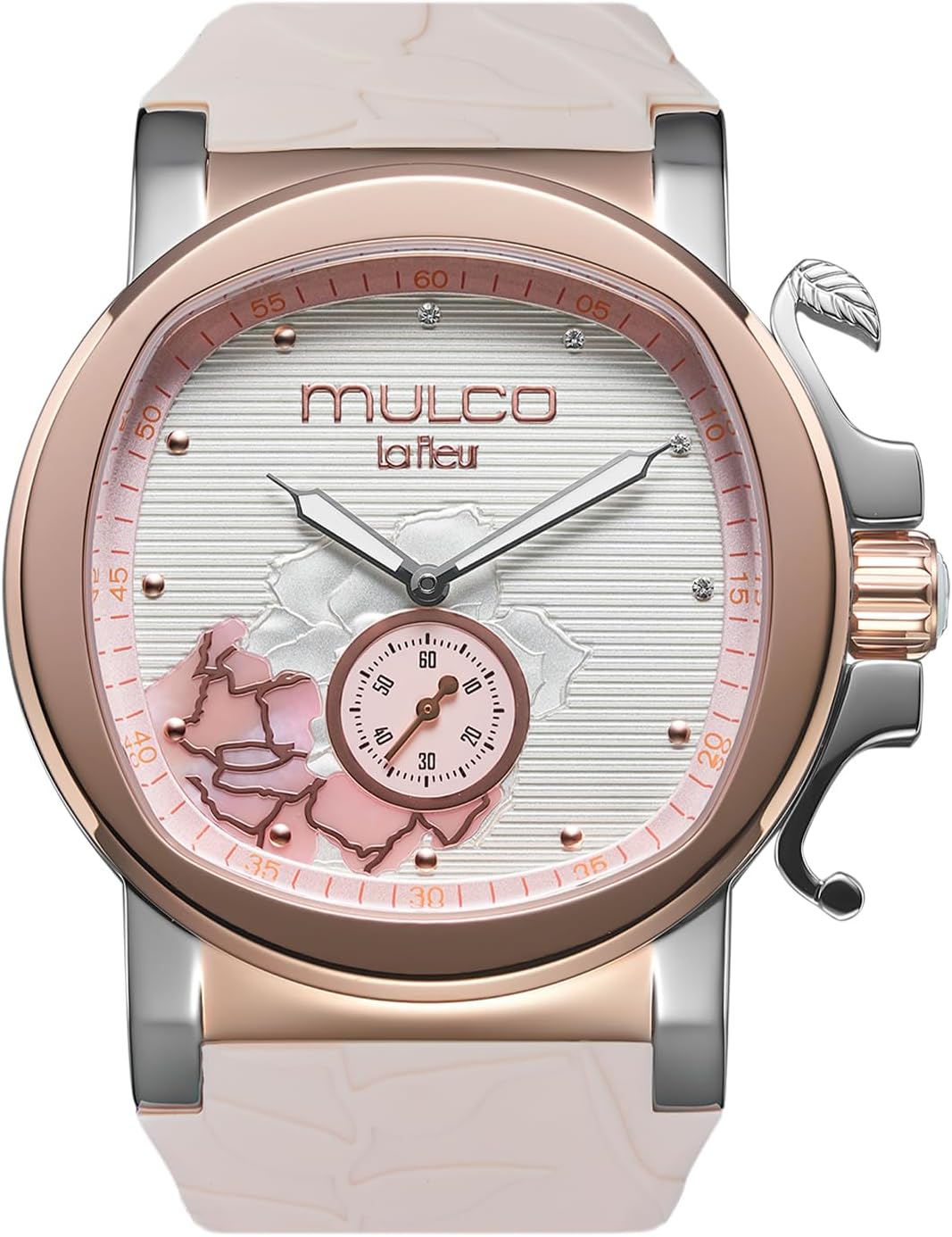 MULCO Le Fleur Gardenia Women's Watch – 43 mm Stainless-Steel Case, Rose-Gold Bezel, Mother-of-Pearl Dial with Crystal Accents, Pure Silicone Strap, Quartz Multifunction Movement, 10 ATM Waterproof