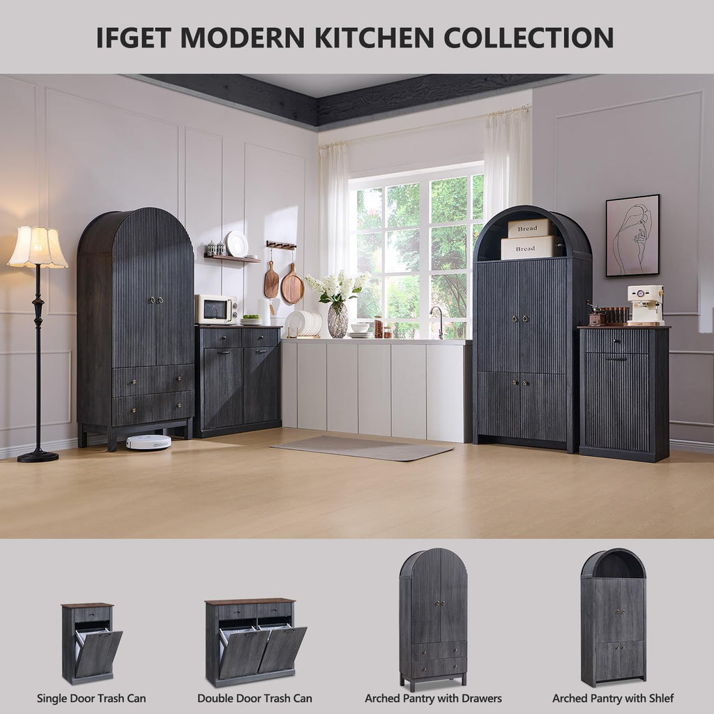 IFGET 71' Tall Arched Kitchen Pantry, Modern Fluted Wood Storage Cabinet with Doors, 3 Adjustable Shelves, 6 Door Shelves, Organizer, Versatile Cupboard for Kitchen,Bathroom, Dark Gray
