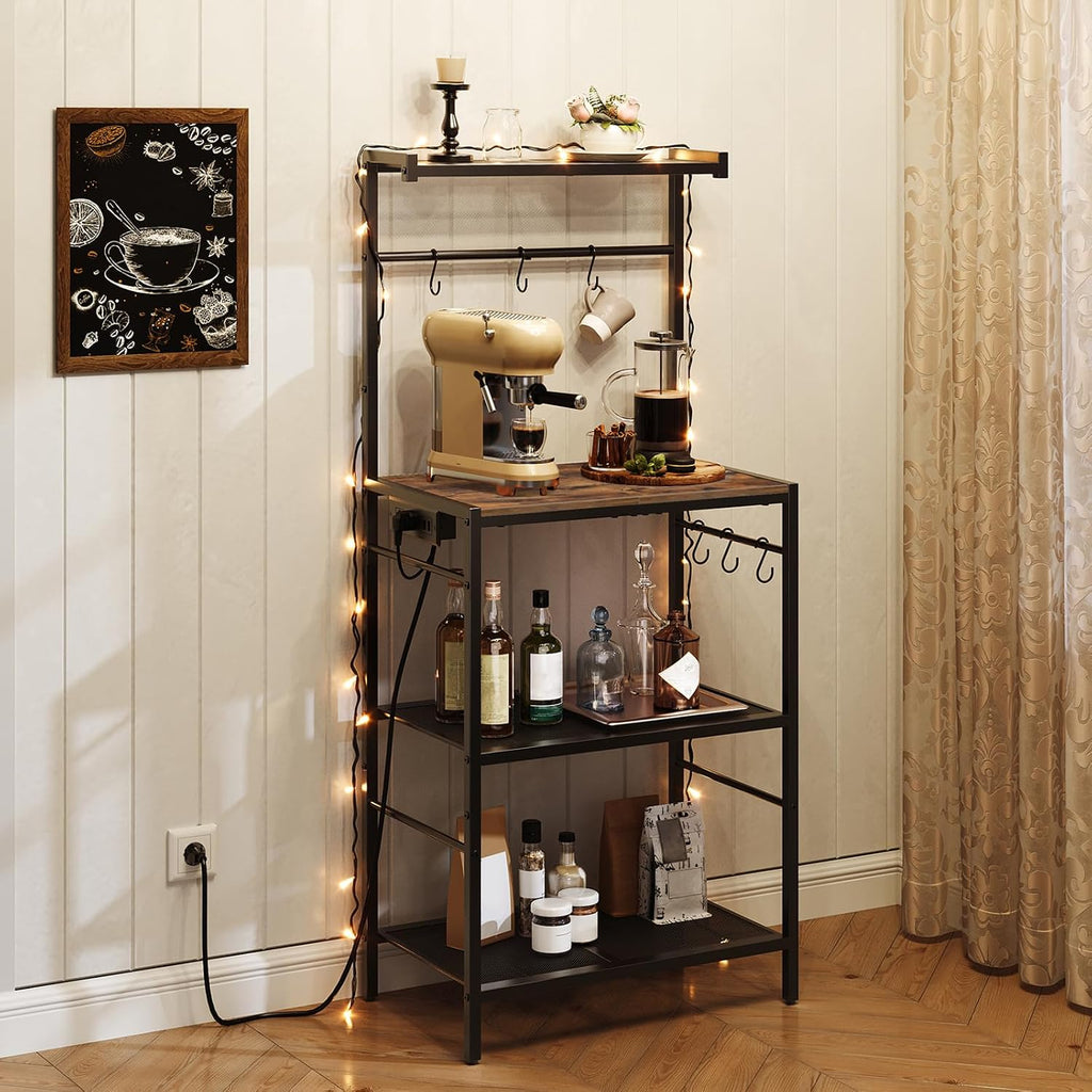 MAHANCRIS Bakers Rack with Power Outlet and Bakers Rack with Mini Fridge Shelf Bundle, 3-Tier Microwave Stand, BRHR35E01-BRHR5401