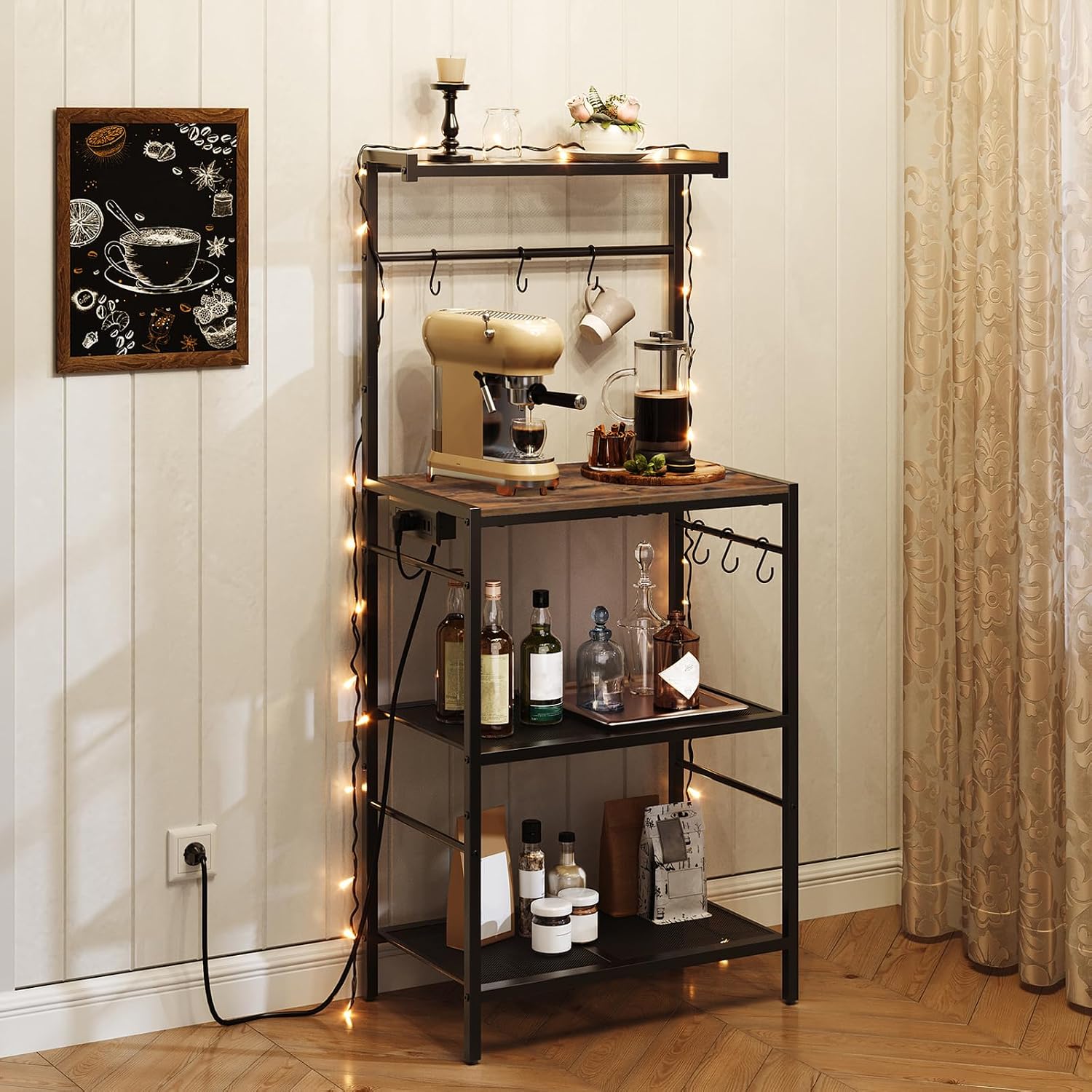 MAHANCRIS Bakers Rack with Power Outlet and Bakers Rack with Mini Fridge Shelf Bundle, 3-Tier Microwave Stand, BRHR35E01-BRHR5401