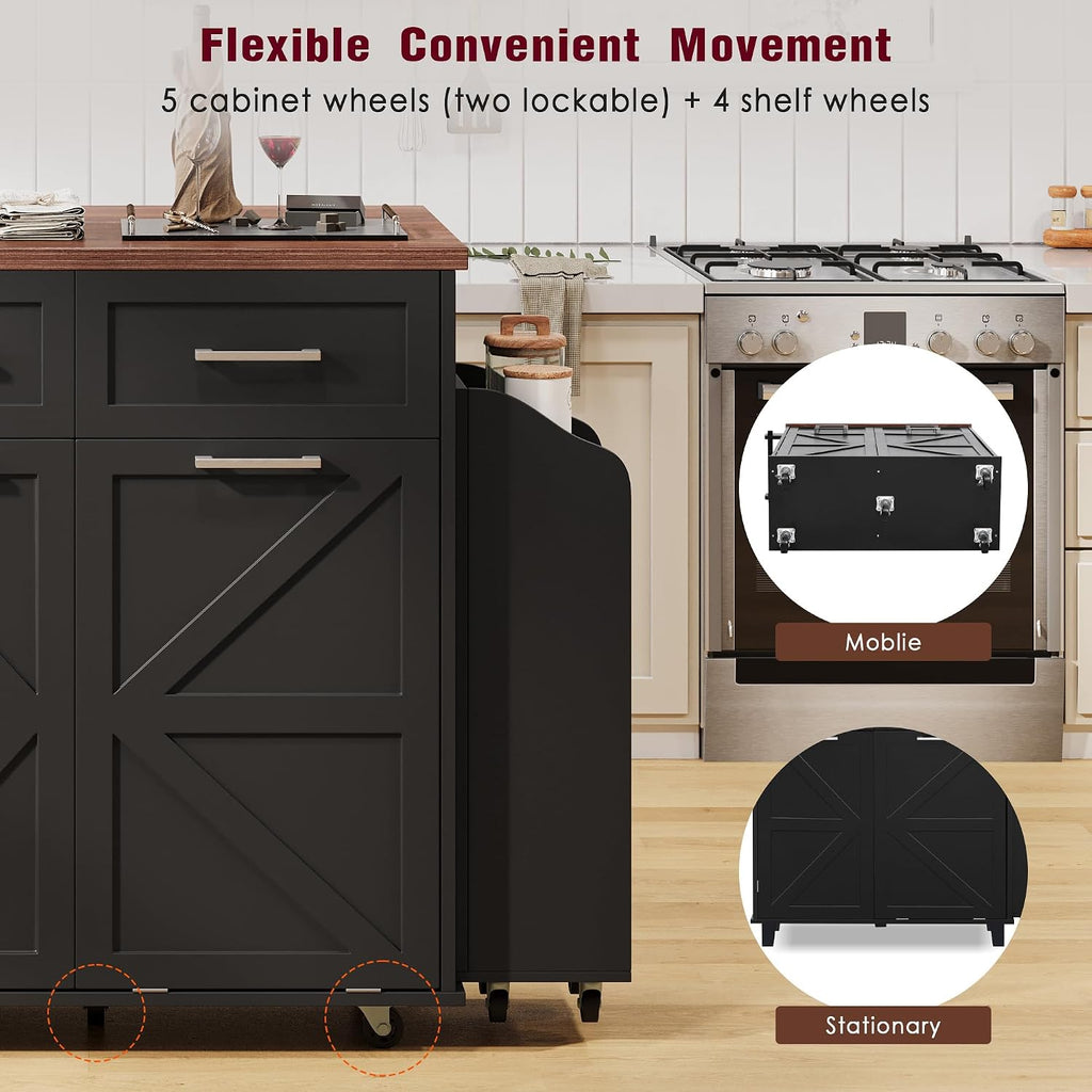 47.2' Farmhouse Kitchen Island with Drop Leaf and Removable Side Racks, Two Drawers, Rolling Kitchen Cart on Wheels with Towel Rack, for Home, Dining Room (Black/V1)