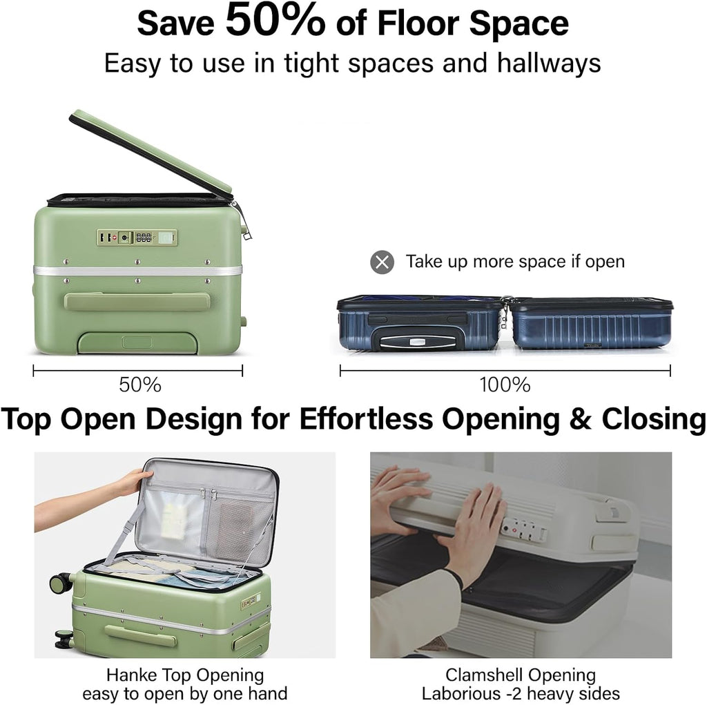 Hanke 24 Inch Checked Luggage with Cup Holder and USB Ports,Top Opening Hard Shell Suitcase with Wheels,Aluminum Frame Trunk Luggage with Foldable Dividers & TSA Lock for Travel, Bamboo Green