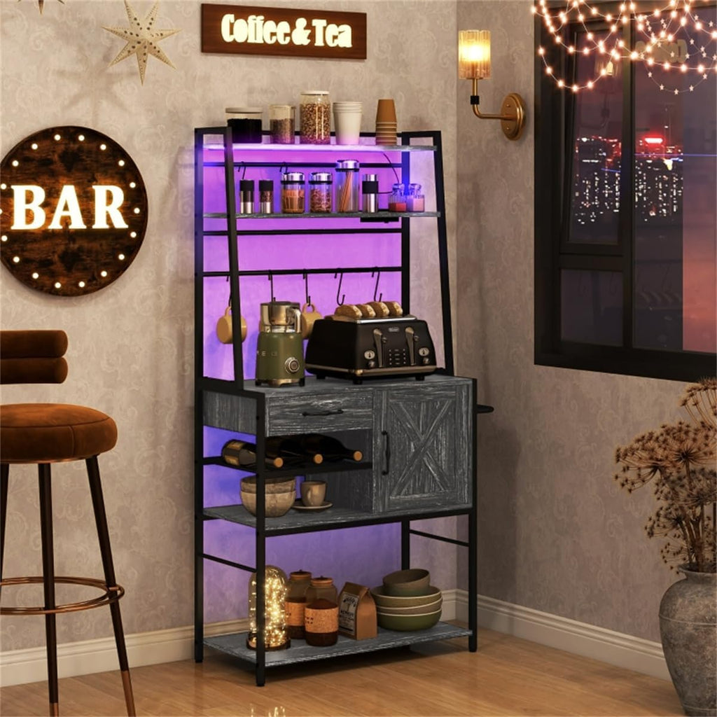 Baker Rack with Outlet and RGB Lights, 65.6' Tall Kitchen Storage Shelf, Metal Coffee Bar Station with Wine Rack, Drawer and Cabinet, Industrial Kitchen Shelves for Coffee, Microwave