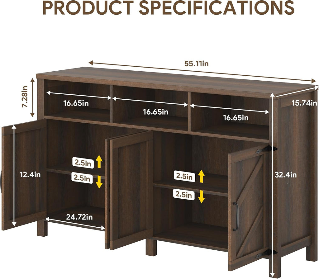 knoworld Buffet Sideboard with Storage Farmhouse with 4 Doors, 55'' Large Kitchen Storage Cabinet Wood Coffee Bar Cabinet Buffet Table with Shelves for Kitchen, Dining Room, Entryway (Brown, 55in)