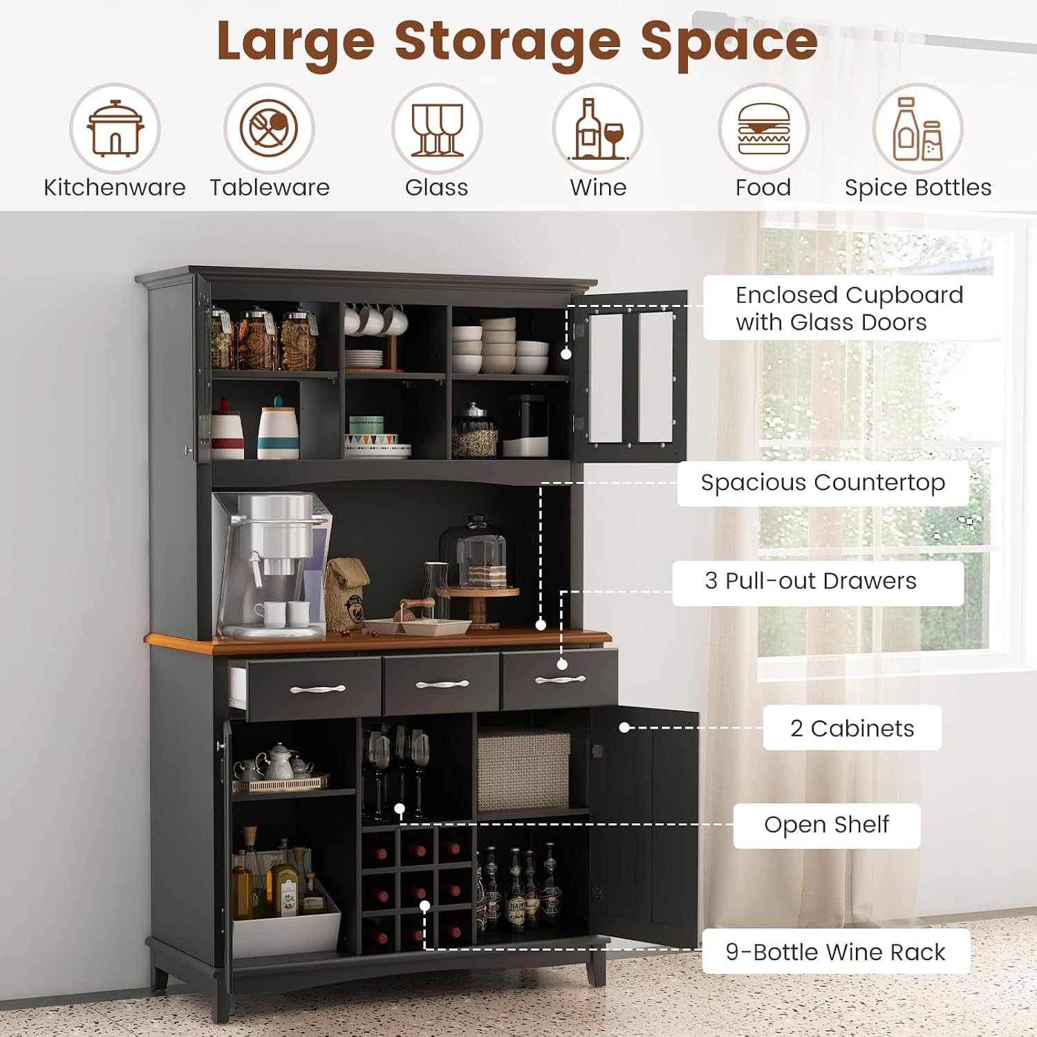 COSTWAY Kitchen Hutch Storage Cabinet, Freestanding Pantry Buffet Sideboard, Modern Buffet Cupboard w/Wine Rack, Adjustable Shelves, Tempered Glass Cabinets, Drawers, Microwave Stand (Black)