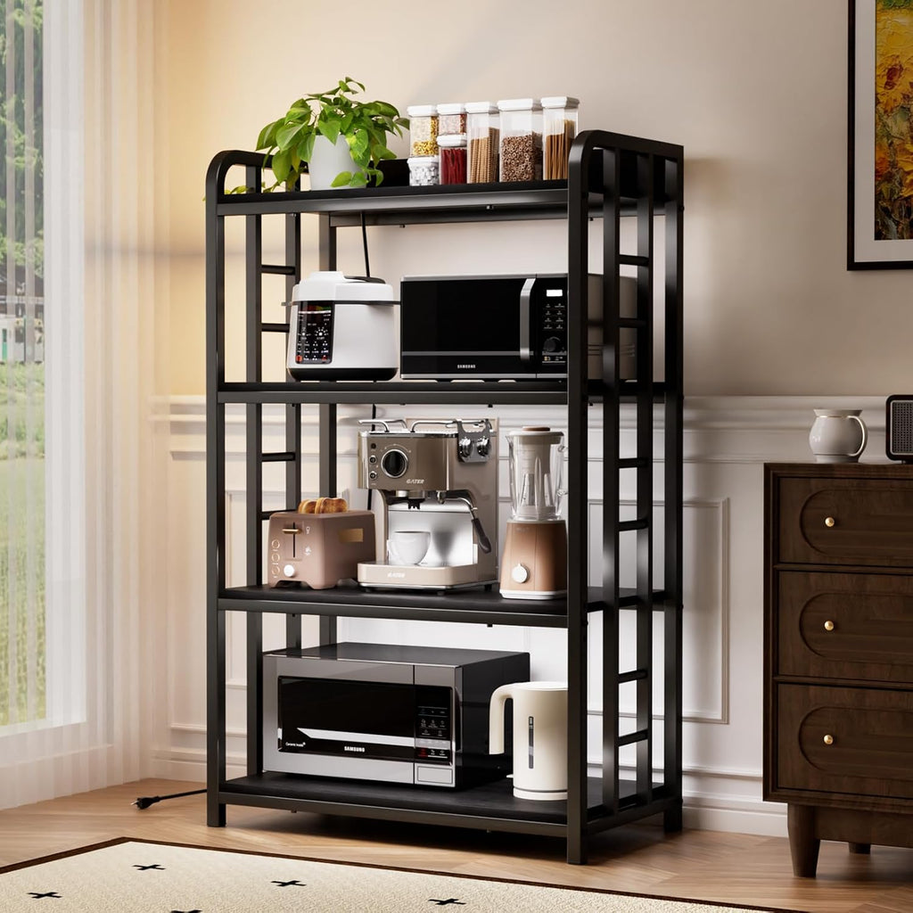 Adjustable Bakers Rack with Power Outlet, 4 Tier Microwave Oven Stand, Heavy Duty Kitchen Storage Rack for Garage Dining Room, Black