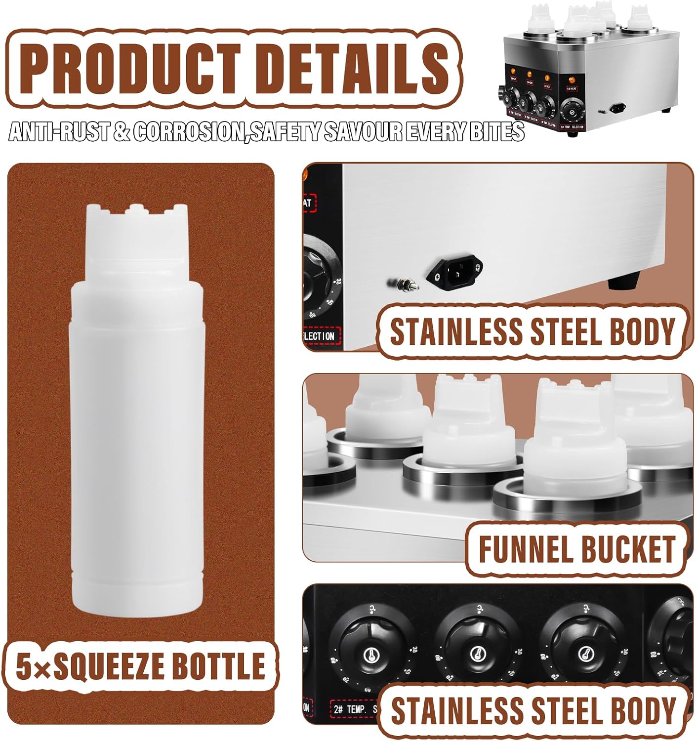 Commercial Electric Sauce Warmer Dispenser 0.68x5 Qt Hot Chocolate Nacho Cheese 86-185℉ Heater Hot Fudge with Bottles Adjustable