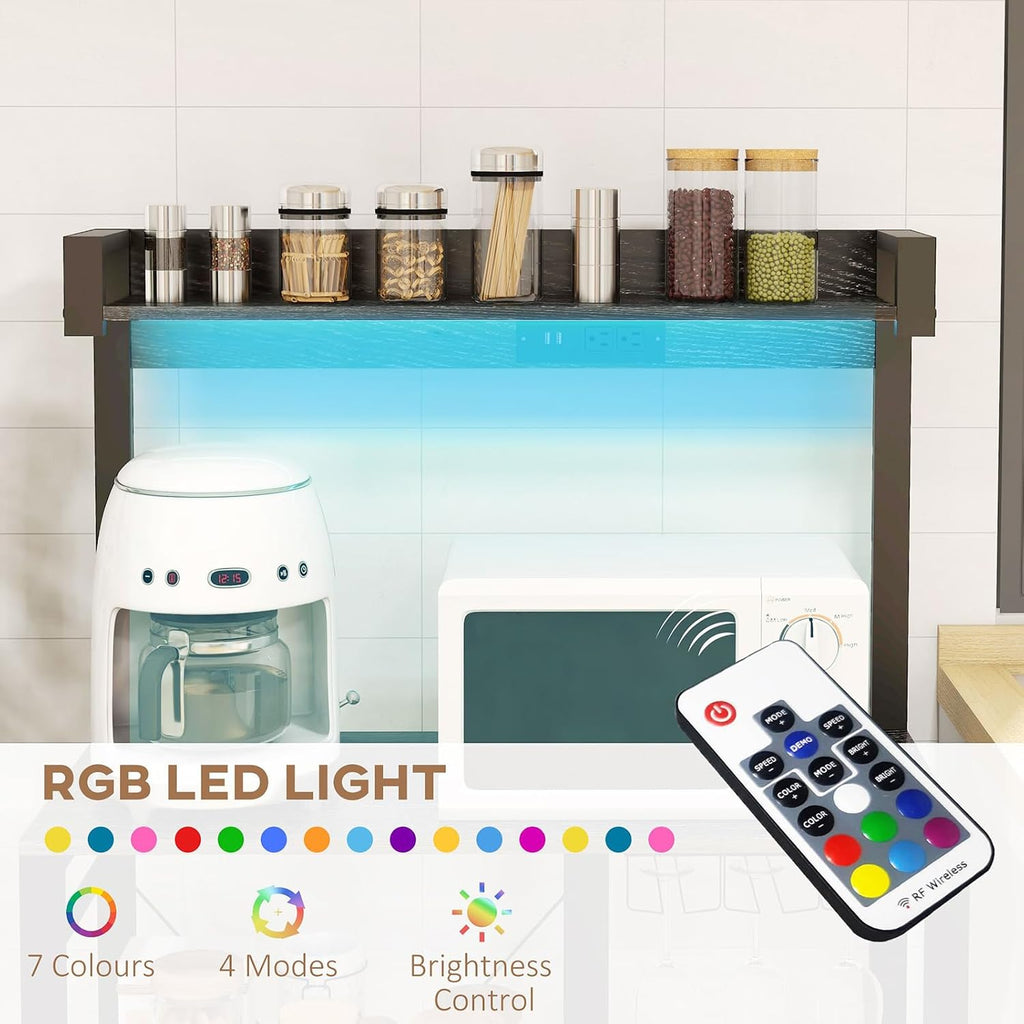 Kitchen Baking Rack with Power Socket and Led Light, Industrial Microwave Rack with Glass, with Metal Baskets and Shelves, Kitchen Spice and Pot Organizer, Gray