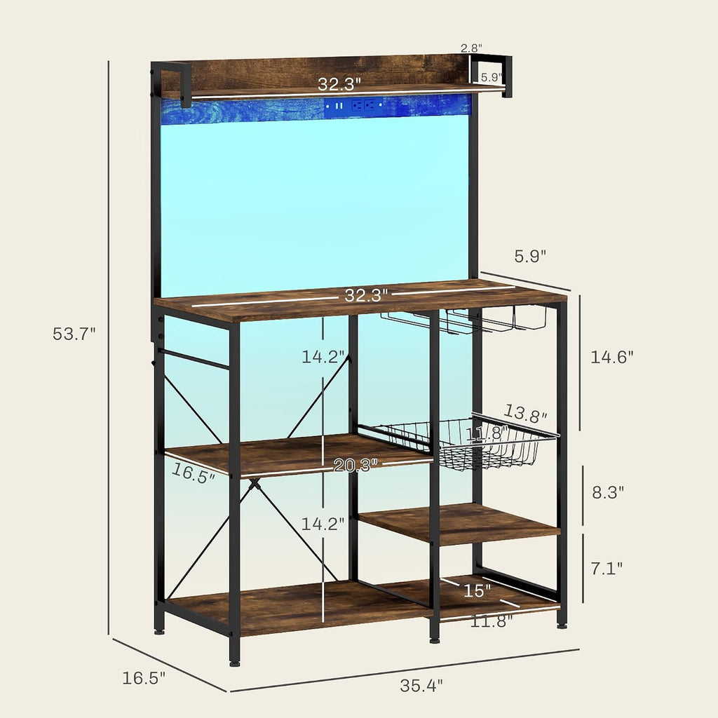 Rack with Power Outlet and LED Lights, Bakers Racks for Kitchens with Storage, Industrial Microwave Stand with Glass Holders, Metal Basket, Multiple Shelves, Rustic Brown