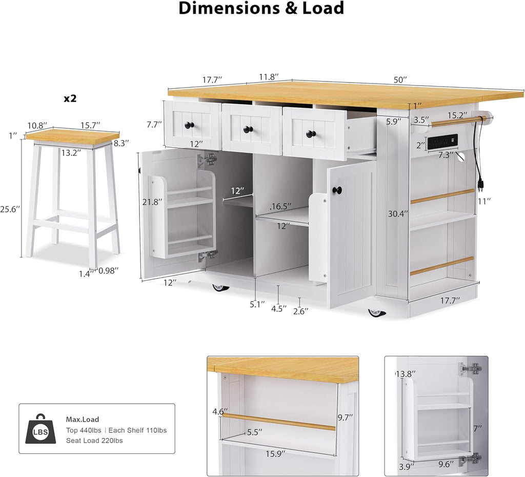 Classic Large Kitchen Island with 2 Bar Stools, Power Outlet,Door Internal Storage Rack, Kitchen Storage Cart on 5 Wheels with Drop Leaf, Used for Home, Dining Room (White/Large)