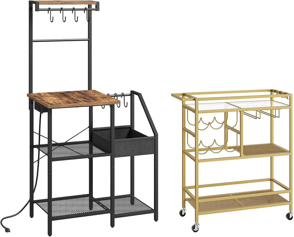MAHANCRIS Bar Cart for Home and Bakers Rack with Power Outlet Bundle, Bakers Rack with Power Outlet, RCJ61B01-BRHR74E01