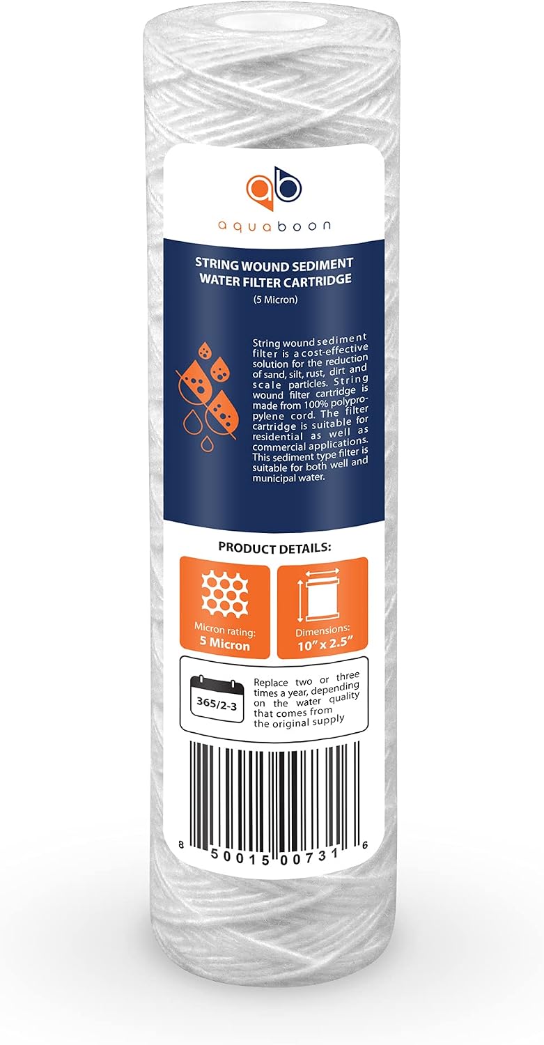 Aquaboon Whole House 5 Micron 10 x 2.5 String Wound Sediment Water Filter Cartridge Replacement Compatible with Well Water Filter WHKF-WHSW, 50-Pack