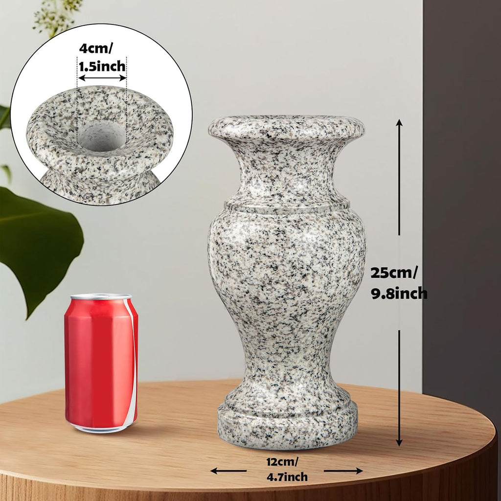 Cemetery Vase, Turned Granite Vase Polished, Memorial Stone Vases with Draining Holes for Home Tabletop, Cemetery Flowers, Grave Headstone Decorations (2Pcs, Grey)