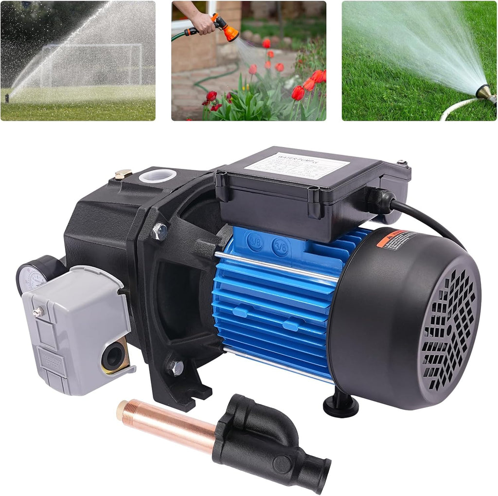 0.75 HP Shallow/Deep Well Pump with Ejector Kit - Cast Iron Jet Water Pump, Well Depth Up to 26ft or 82ft, Automatic Pressure Switch, 110V Water Transfer Pump for Farm Lawn Garden