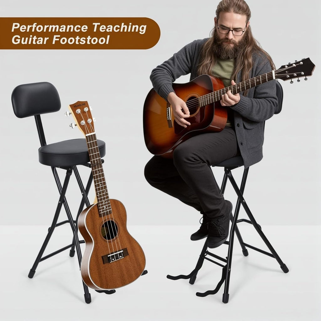 Guitar Stool with Padded Cushion,Folding Chair with Base Stand, Removable Backrest Non-Slip Rubber Feet, Fits Acoustic & Electric Guitars Black