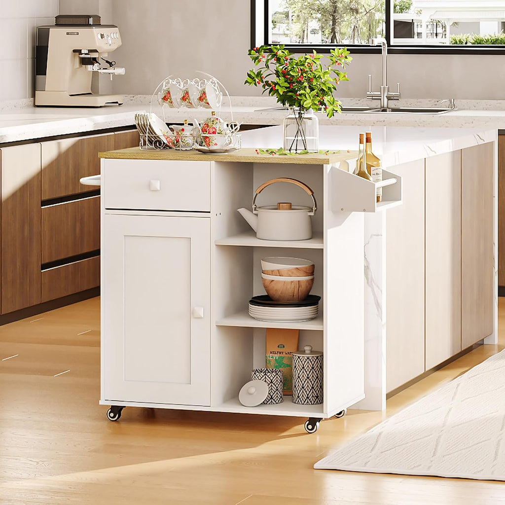 HOOBRO Kitchen Island, Storage Cabinet with Drawer, Kitchen Cart with Spice and Towel Rack, Saving Space, Easy Assembly, for Living Room, White and Natural WN12ZD01
