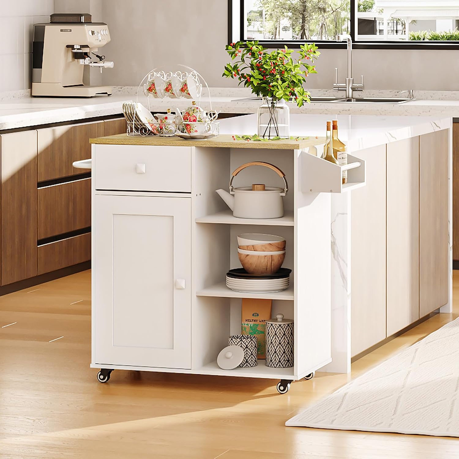 HOOBRO Kitchen Island, Storage Cabinet with Drawer, Kitchen Cart with Spice and Towel Rack, Saving Space, Easy Assembly, for Living Room, White and Natural WN12ZD01