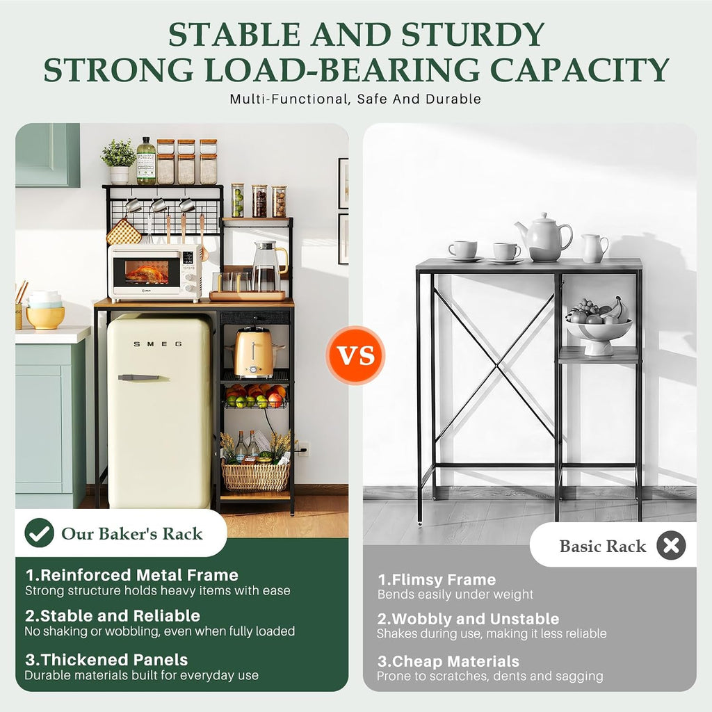 Kitchen Storage Bakers Rack with Power Outlet – Coffee Bar Station with S-Shaped Hooks & Drawer, Adjustable Feet Microwave Stand for Microwave, Mini Fridge, Coffee Maker, Brown