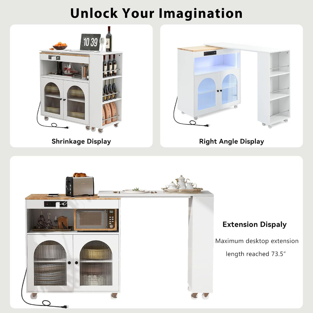 Rolling Kitchen Island W/Extended Table, Kitchen Island On Wheels with LED Lights,Power Outlets and 2 Fluted Glass Doors,Kitchen Island with a Storage Compartment&Side 3 Open Shelves (White)