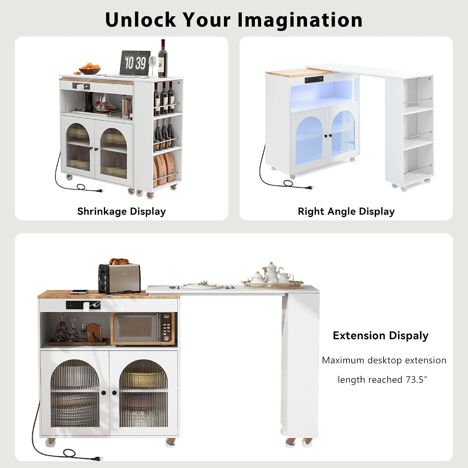 Rolling Kitchen Island W/Extended Table, Kitchen Island On Wheels with LED Lights,Power Outlets and 2 Fluted Glass Doors,Kitchen Island with a Storage Compartment&Side 3 Open Shelves (White)