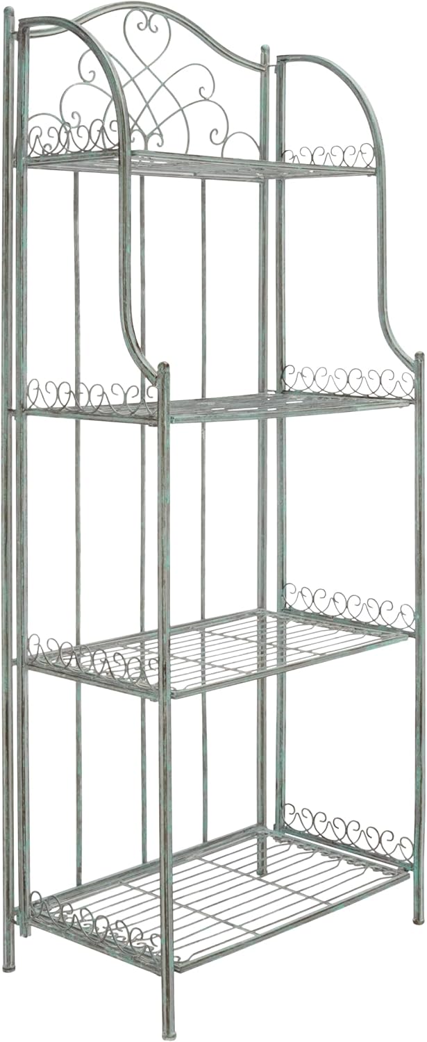 SAFAVIEH Outdoor - Amaris 4-Tier Bakers Rack - Antique Dark Green Iron Metal - Vintage Victorian Scrollwork - Ideal for Patio, Deck, Porch, Sunroom, 14.5' W x 25' D x 63' H (PAT5014D)