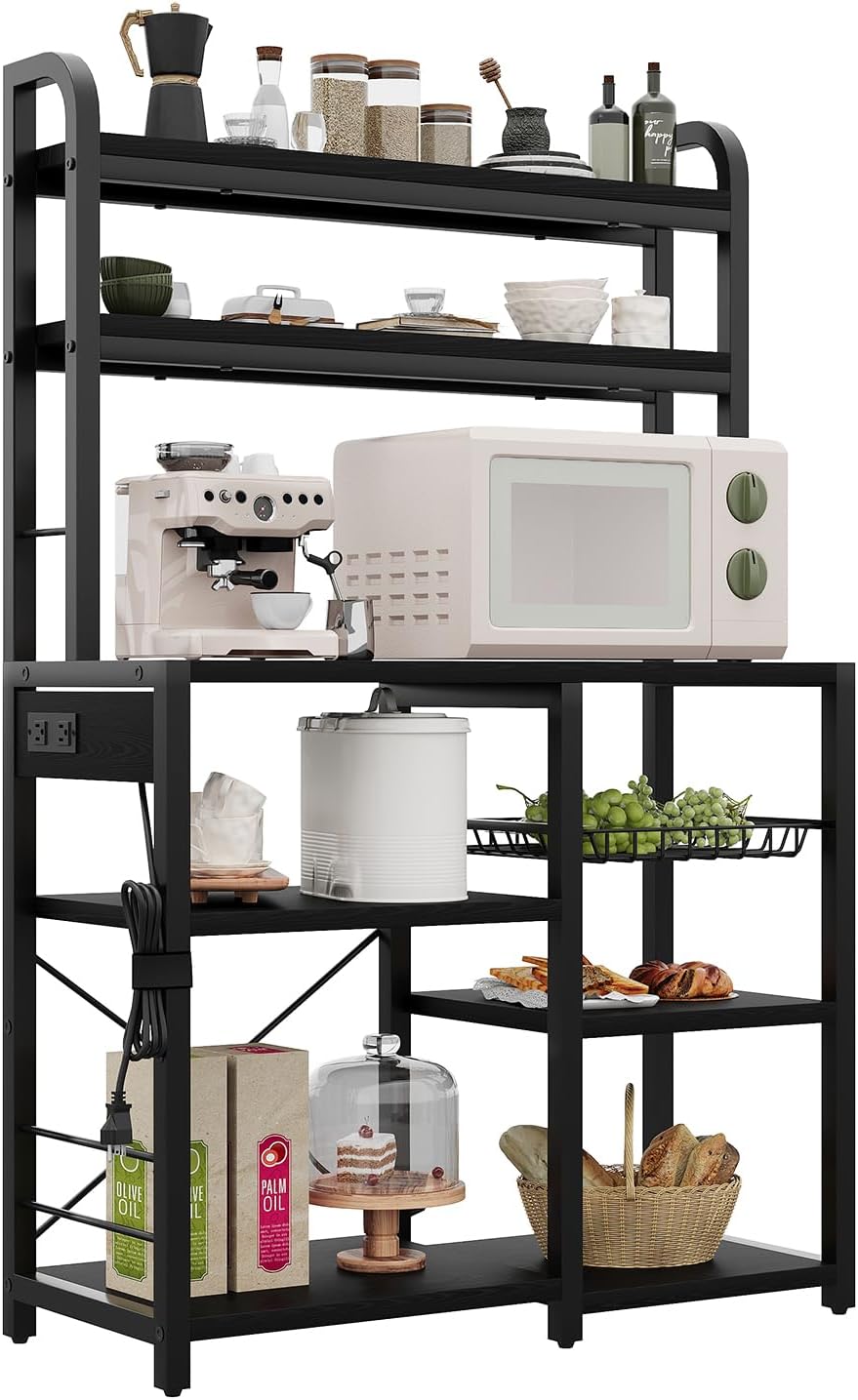 Garvee Bakers Rack with Power Outlet, 6-Tier Large Microwave Stand with Wire Basket, Large Coffee Bar Station, Open Storage Metal Kitchen Shelf Rack for Spices, Pots and Pans