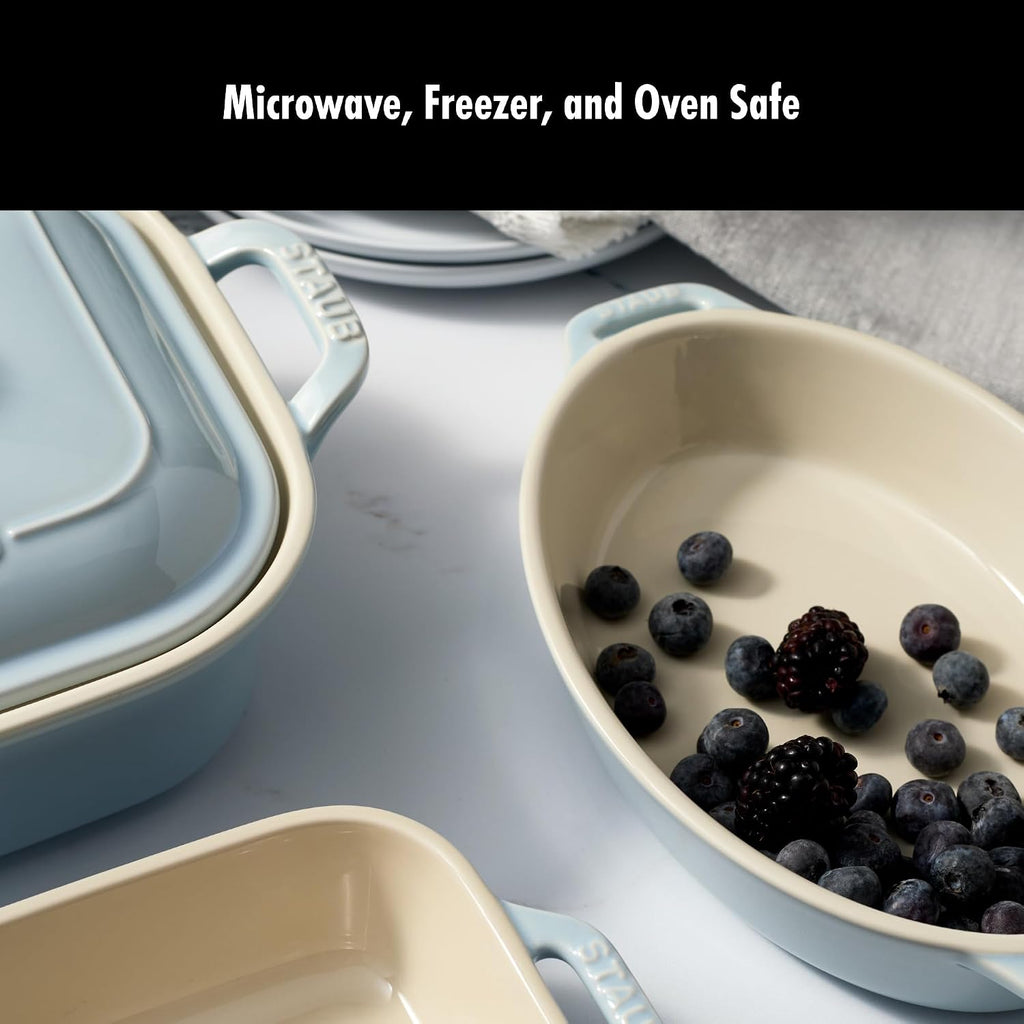 Staub Ceramic 4-pc Baking Pans Set, Casserole Dish with Lid, Brownie Pan, Light Blue