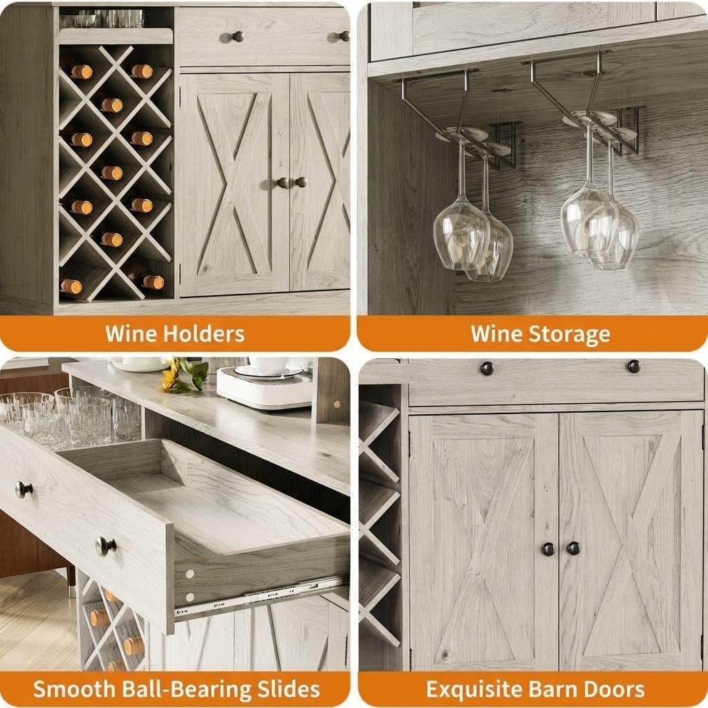 Wine Bar Cabinet with Built-in Power Outlets & Barn Doors - Sideboard Buffet with Wine Bottle Rack & Charging Station for Kitchen, Dining Room, Living Room
