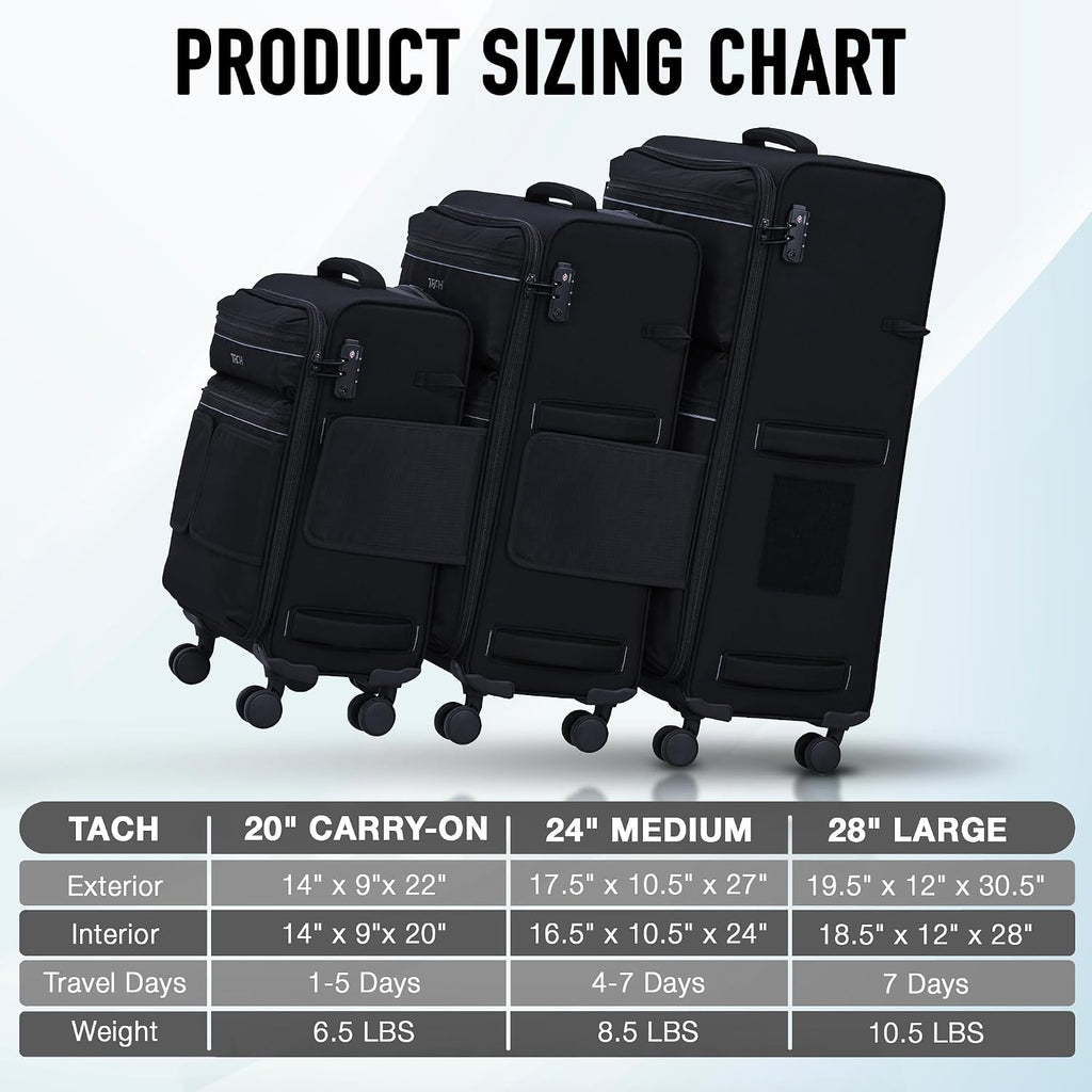 TACH LITE Samba Softside 3 Piece Luggage Set 20/24/28 Inch | Connectable Suitcases with Spinner Wheels Lightweight Travel Suitcase with Wheels Carry On & Checked Bags | Soft Sided Luggage Set (Black)