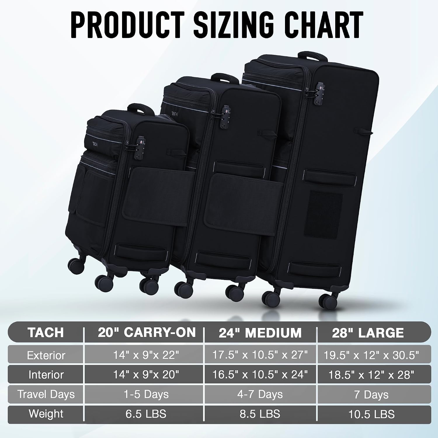 TACH LITE Samba Softside 3 Piece Luggage Set 20/24/28 Inch | Connectable Suitcases with Spinner Wheels Lightweight Travel Suitcase with Wheels Carry On & Checked Bags | Soft Sided Luggage Set (Black)