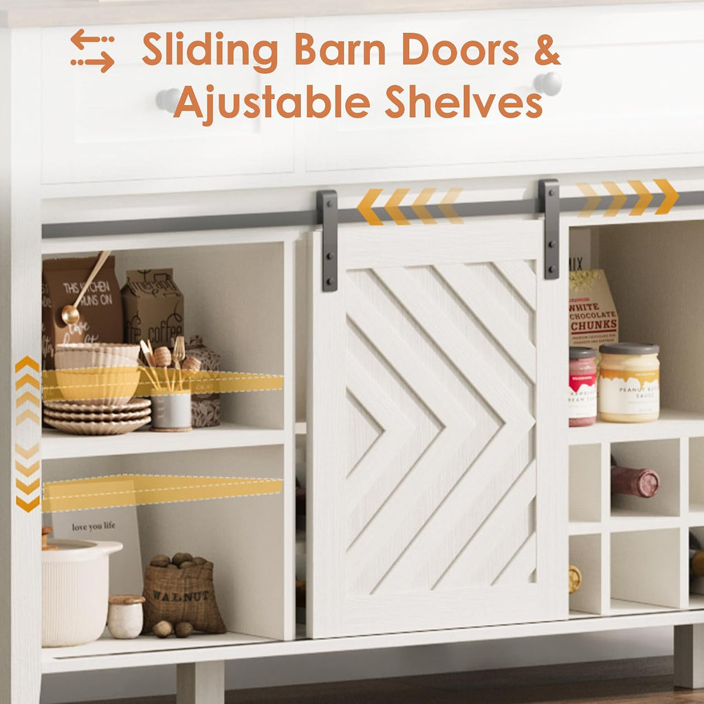 CABIHOME Farmhouse 47.2'' Buffet Cabinet with Sliding Barn Door, 33.4'' Tall Wood Rustic Sideboard with 3 Drawer, Adjustable Shelf and Removable Wine Rack (White, 59'')