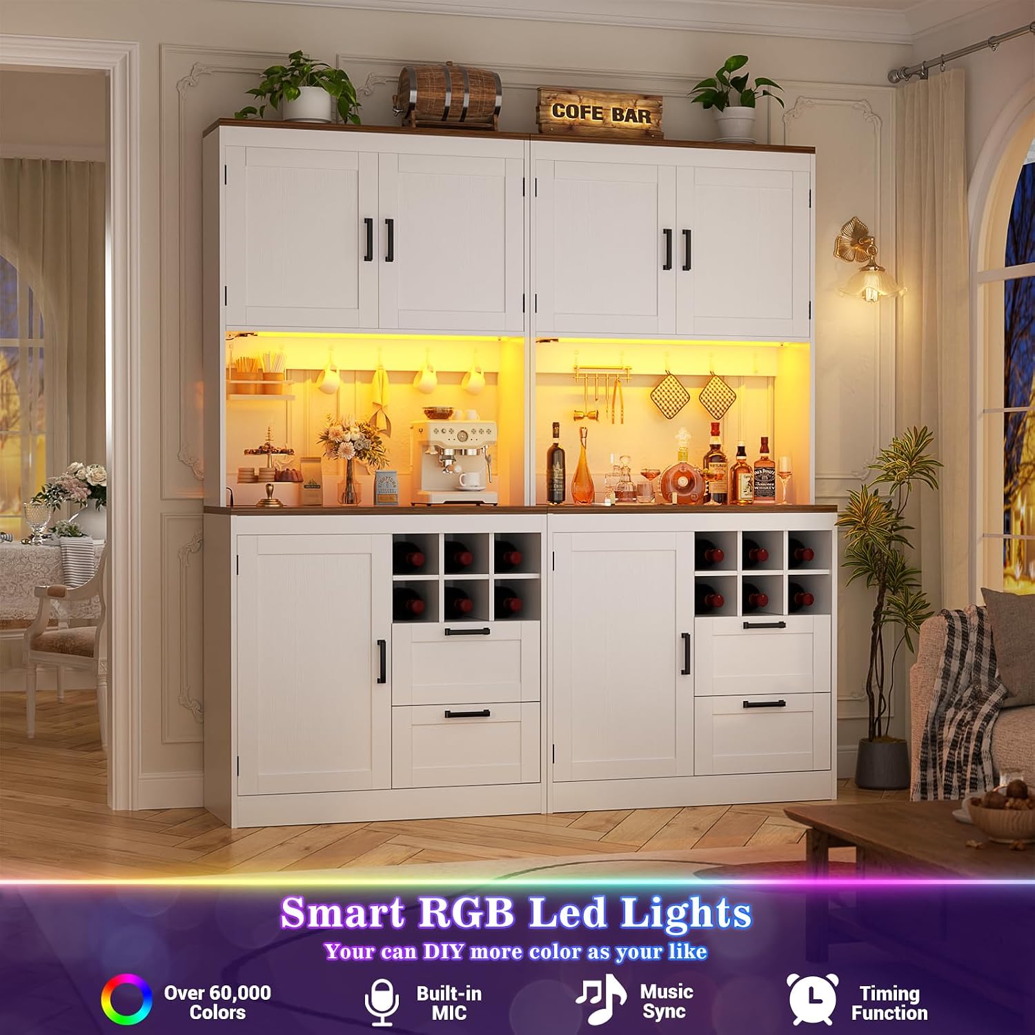 Unikito 72' Tall Pantry Cabinet, Kitchen Pantry Storage Cabinet with LED Light & Outlet, 63' Wide Kitchen Hutch Bar with Microwave Stand, Drawers, Wine Rack & Shelves, Cupboard for Dining Room, White