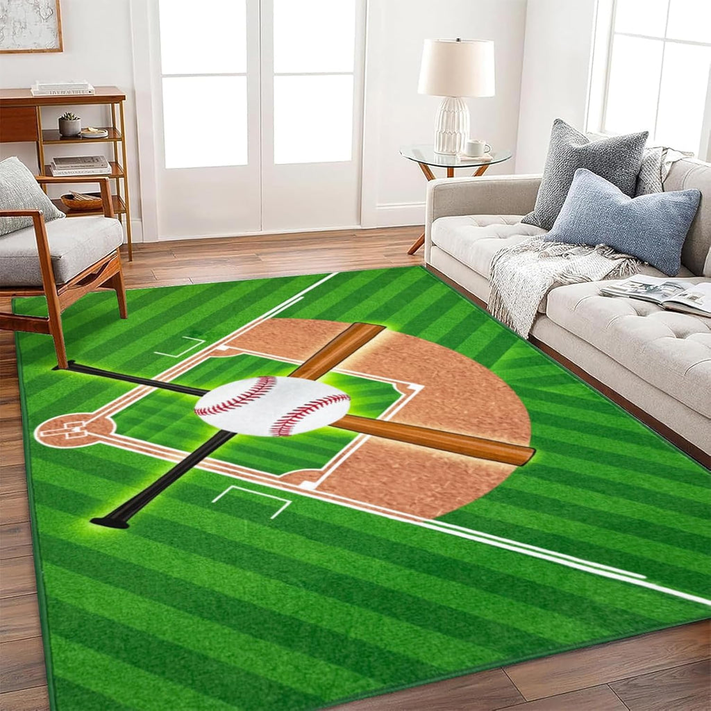 Washable Low Pile Baseball Rug 8x10- Sports Decor for Boys Room, Non-Slip Kids Bedroom Carpet, Durable Baseball Themed Floor Mat