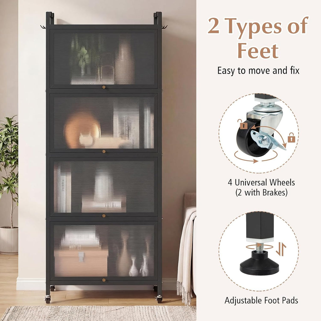 Giantex 5-Tier Kitchen Storage Cabinet, Freestanding Metal Pantry Cabinet w/ 4 Flip-up PC Doors, 4 Hooks & Adjustable Feet, 60' Tall Bakers Rack Microwave Stand for Dining Room, Living Room, Black