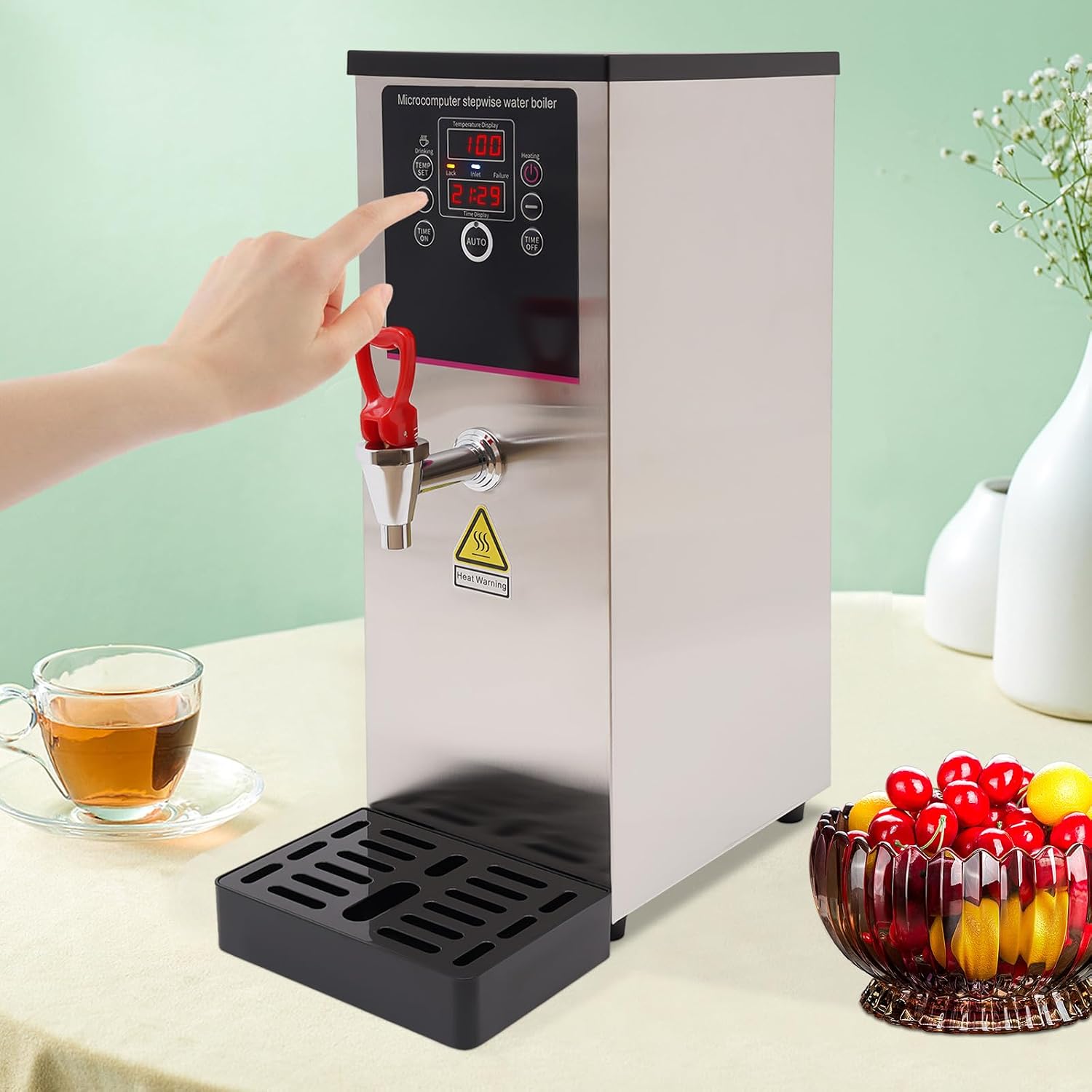 Electric Water Boiler 10L Commercial Hot Water Dispenser 2500W Stainless Steel Step Heating Water Maker Automatic Boiling Water Machine W/Digital Display Screen/Anti-Dry Burning (Silver)