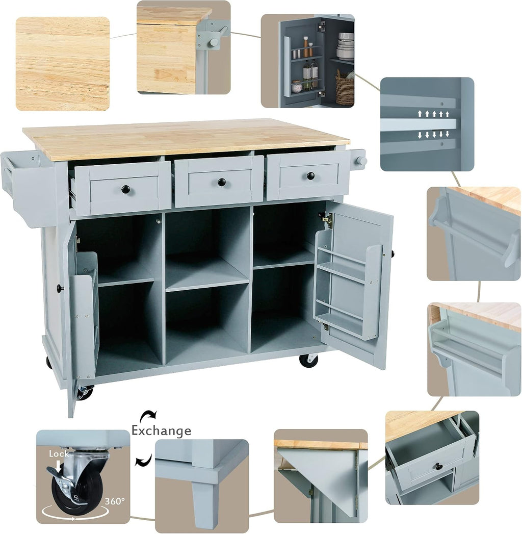 Modern Kitchen Island on 5 Wheels with Storage Cabinet and Drop-Leaf Countertop, Kitchen Cart with Cabinet Door Internal Storage Racks and 3 Drawers for Dinning Room (Grey Blue#M)