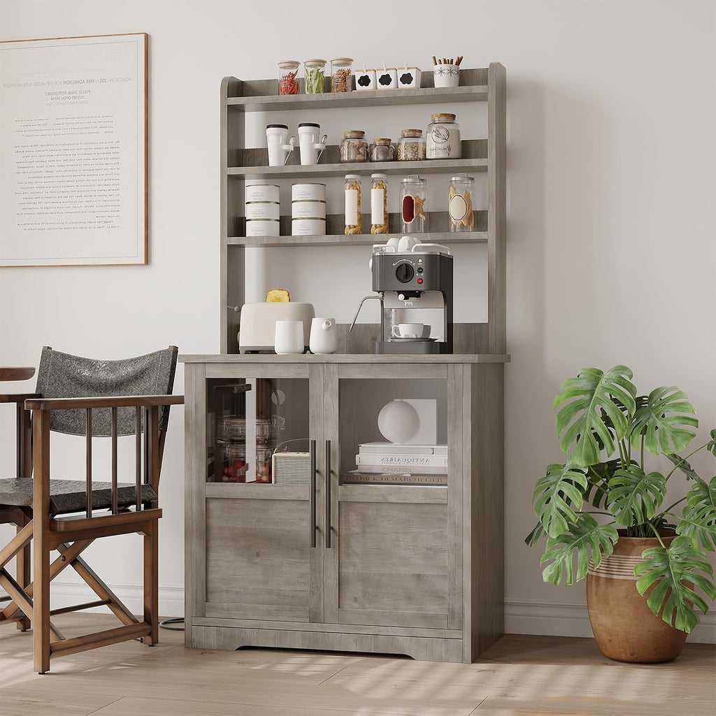 Microwave Stand Bakers Rack Cabinet with Power Outlet and Thickened Counter, Freestanding Farmhouse Coffee Bar Cabinet, Tall Kitchen Pantry Hutch with Glass Doors for Dining Room