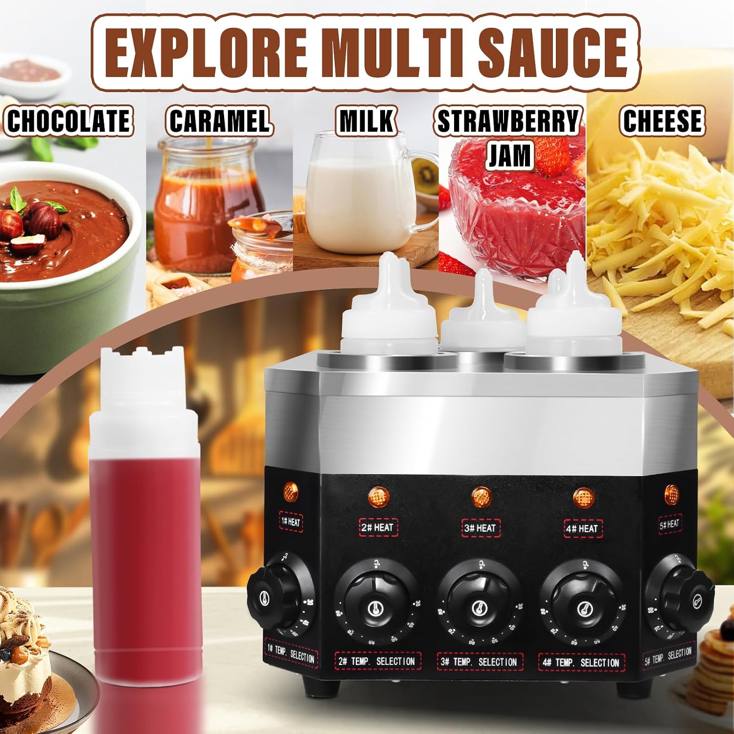 Commercial Electric Sauce Warmer Dispenser 0.68x5 Qt Hot Chocolate Nacho Cheese 86-185℉ Heater Hot Fudge with Bottles Adjustable