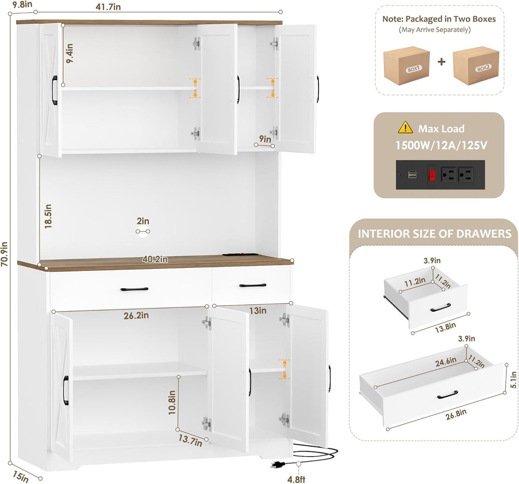 HOSTACK 71' Pantry Cabinet with Charging Station, Tall Kitchen Pantry Storage Cabinet with Microwave Stand, Farmhouse Kitchen Hutch with Storage Drawers for Living Room, Dining Room, White
