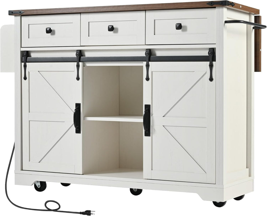 Farmhouse Kitchen Island with Power Outlet, 2 Sliding Barn Door and Drop Leaf, Spice Rack Rolling Kitchen Cart on Wheels for Home and Dining Room (White/P)