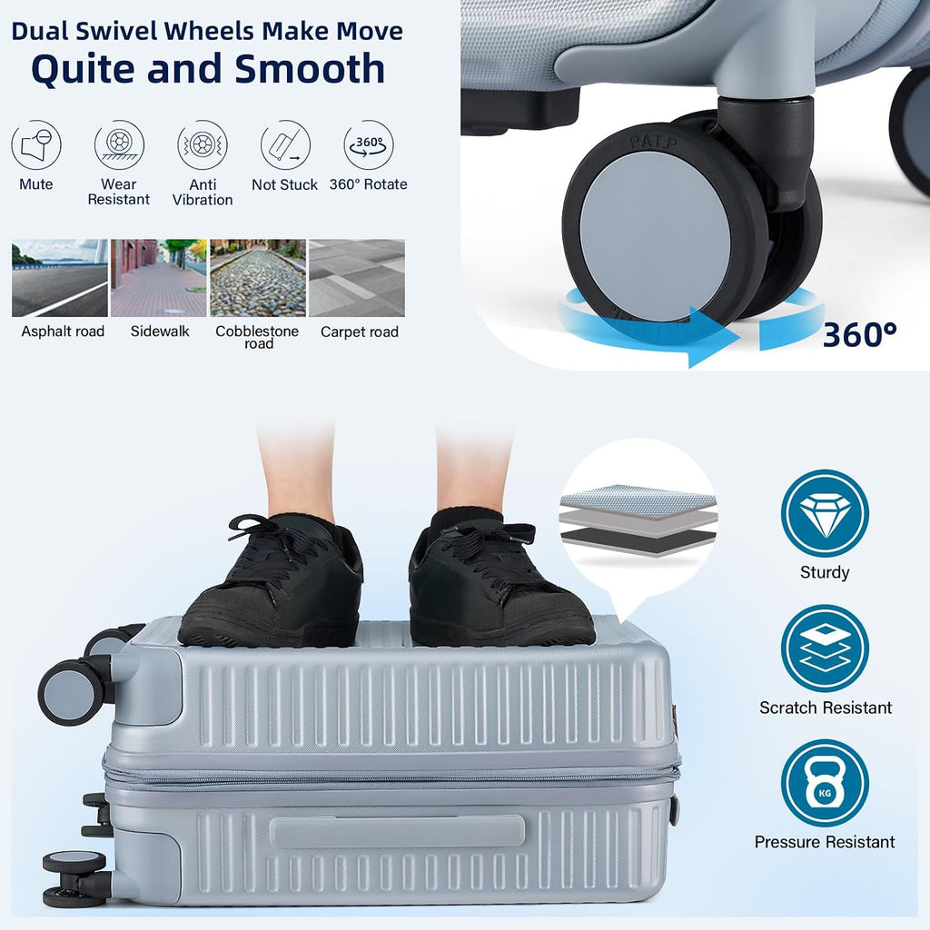 HanTrip Hard Shell Suitcases 24 Inch Check in Luggage with Spinner Wheels, Expandable Travel Luggage with Cup Holder Charger Built in, Checked Medium Suitcase Lightweight Suitcases, Silver