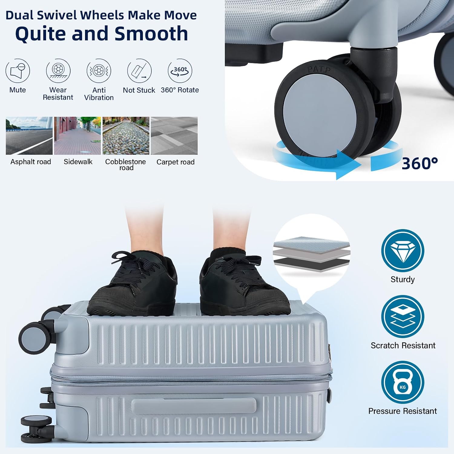 HanTrip Hard Shell Suitcases 24 Inch Check in Luggage with Spinner Wheels, Expandable Travel Luggage with Cup Holder Charger Built in, Checked Medium Suitcase Lightweight Suitcases, Silver