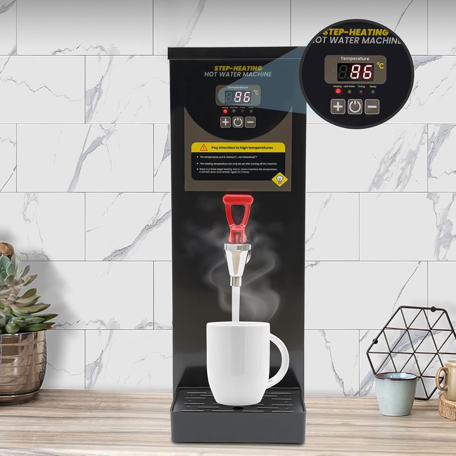 Commercial Water Boiler 8L Stainless Steel Electric Dispenser 2000W Step-Heating Commercial Hot Water Dispenser for Tea Coffee Restaurant Hotel Office Black