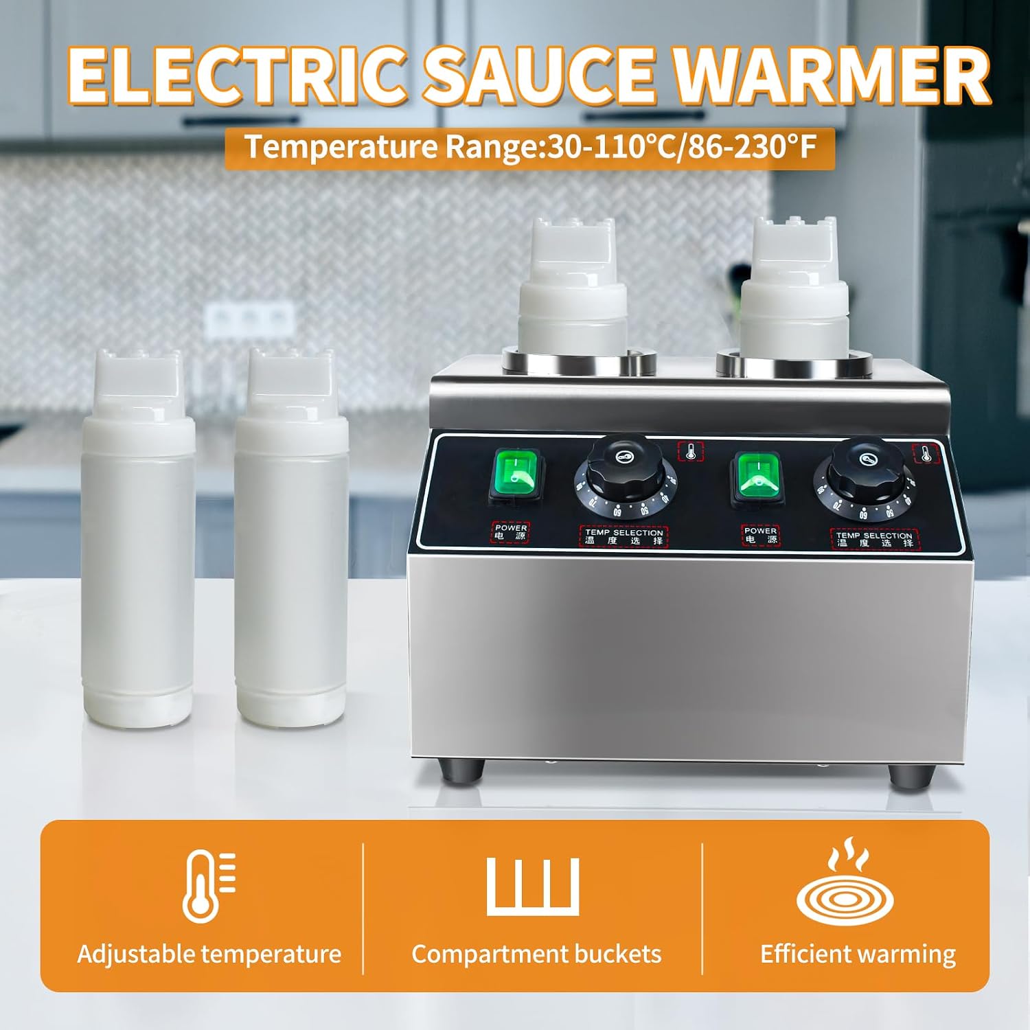 KOOTEN Cheese Warmer Electric Sauce Bottle Warmer Hot Chocolate Warmer and Dispenser 0.68x2 Qt Commercial Hot Fudge Warmer 86-185℉Sauce Warmer Dispenser,Double Bottles Nacho Cheese Warmer