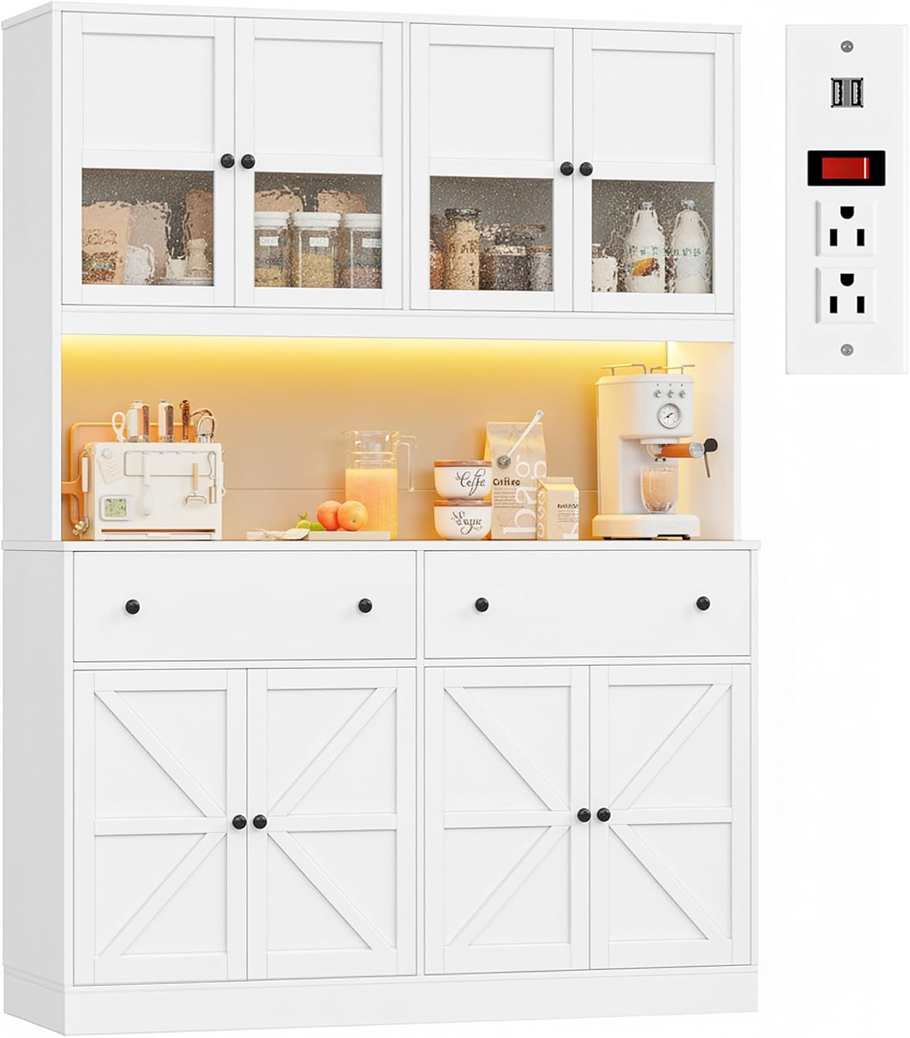 FINETONES 71' Pantry Cabinet with LED Light and Charging Station, Farmhouse Kitchen Pantry Cabinet with Microwave Stand, 47.2' Wide Kitchen Hutch Food Pantry with Open Countertop, White