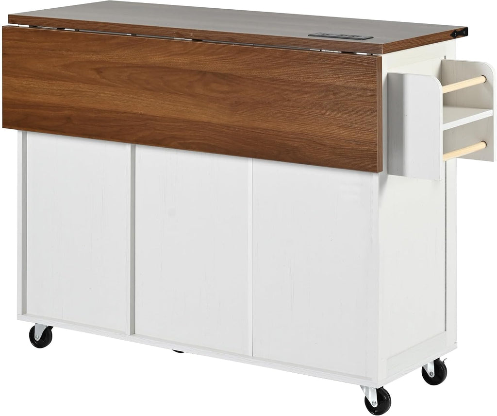 Farmhouse Kitchen Island with Power Outlet, Drop Leaf, Spice Rack and Drawer,Rolling Kitchen Cart on Wheels,Kitchen Storage Island for Home Dining Room (White/p2)
