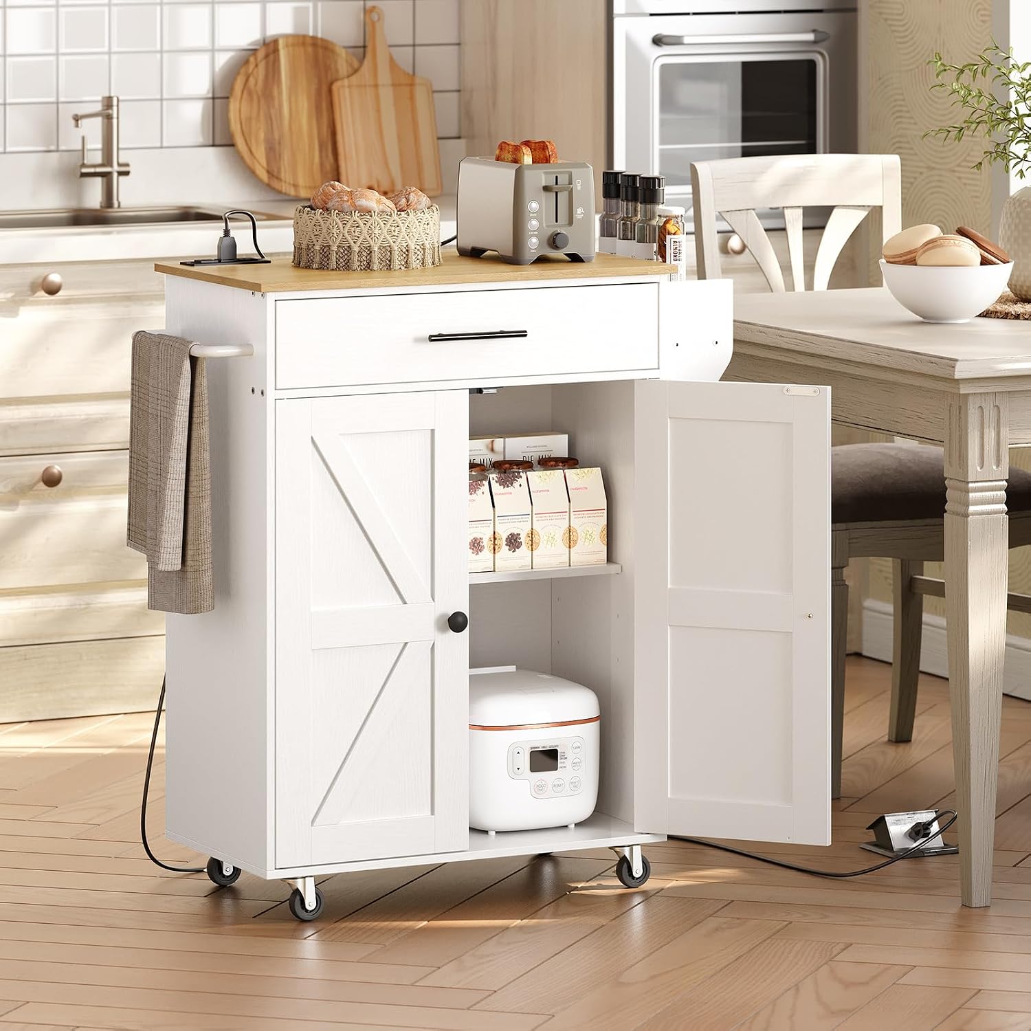 HOOBRO Kitchen Island and Rolling Kitchen Cart with Power Outlet Bundle, Storage Island with Spice Rack and Drawer, for Home WT82UZD01G1-WN88UZD01
