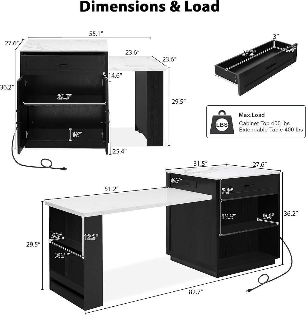82.7 inches Kitchen Island with Extendable Table, Faux Mable Table with Double-Sized Storage, Power Outlet, 2 Drawers, 2 Side Open Shelves for Kitchen, Dining Room for 4-6 Person, Black