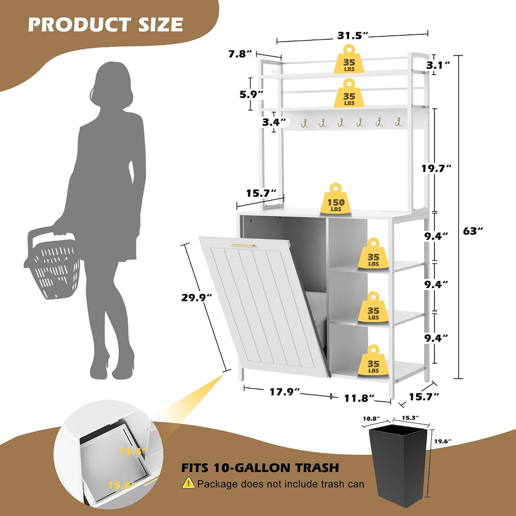 Kitchen Bakers Rack with Power Outlets, 63'H Microwave Oven Organizer with Tilt Out Trash Can Cabinet Storage Shelf 6 Tiers Coffee Bar Stand, Freestanding Pantry Hutch Rack with 6 Hooks (white)